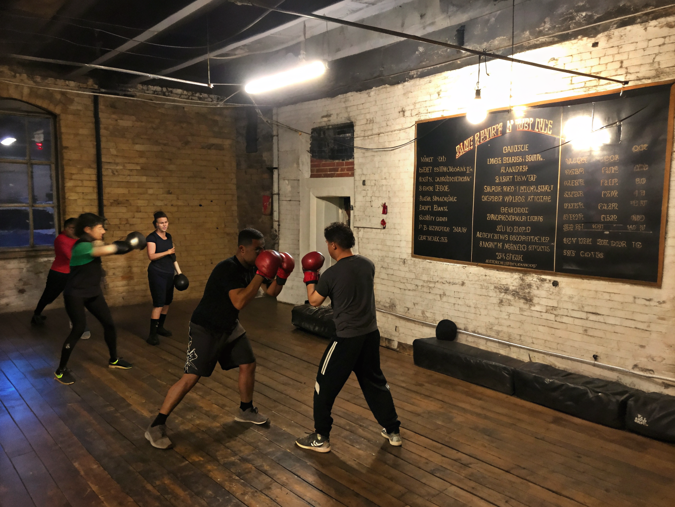 Athletes practicing martial arts and sparring in the gym