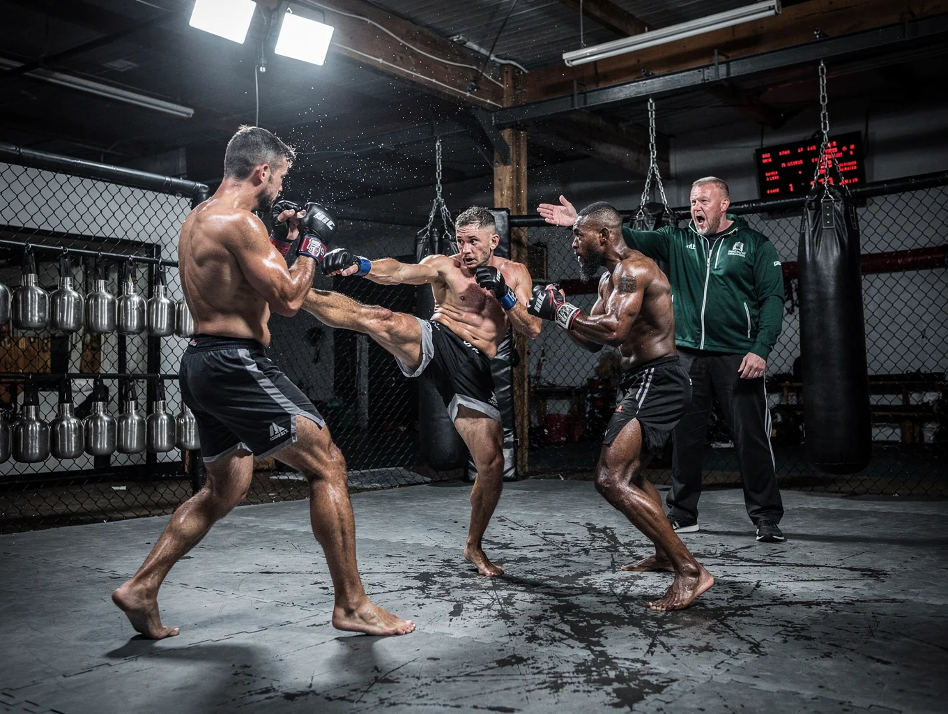 Coach instructing students on the mat during evening MMA session